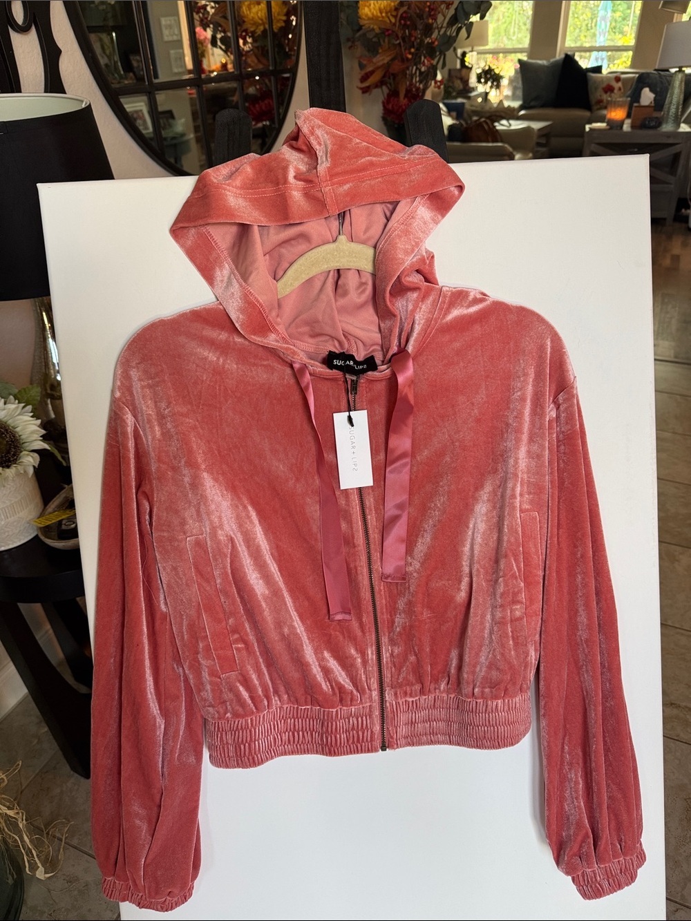 Sugarlips Velvet Hooded Bomber Jacket in Dusty Rose NWT